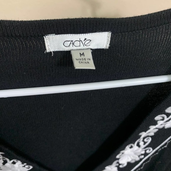 Cache Black Silky V-Neck Knit Top with White Embroidery - Picture 3 of 6